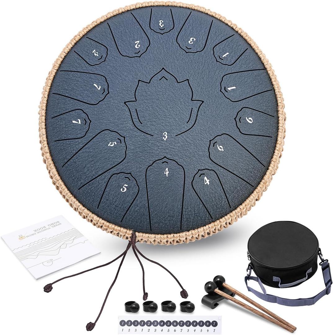 Steel Tongue Drum 13 Inch 15 Notes,Hand Drums with C-Key Travel Bag Drumsticks Holder Finger Paddles and Music Book,Handpan Percussion for Musical Education Meditation Yoga Gifts(Navy Blue)