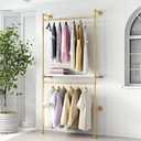 DR.IRON Gold Pipe Clothing Racks with Shelves, Wall Mounted Heavy Duty Gold Clothes Rack with Double Hanging Rods for Hanging Clothes, Laundry Room