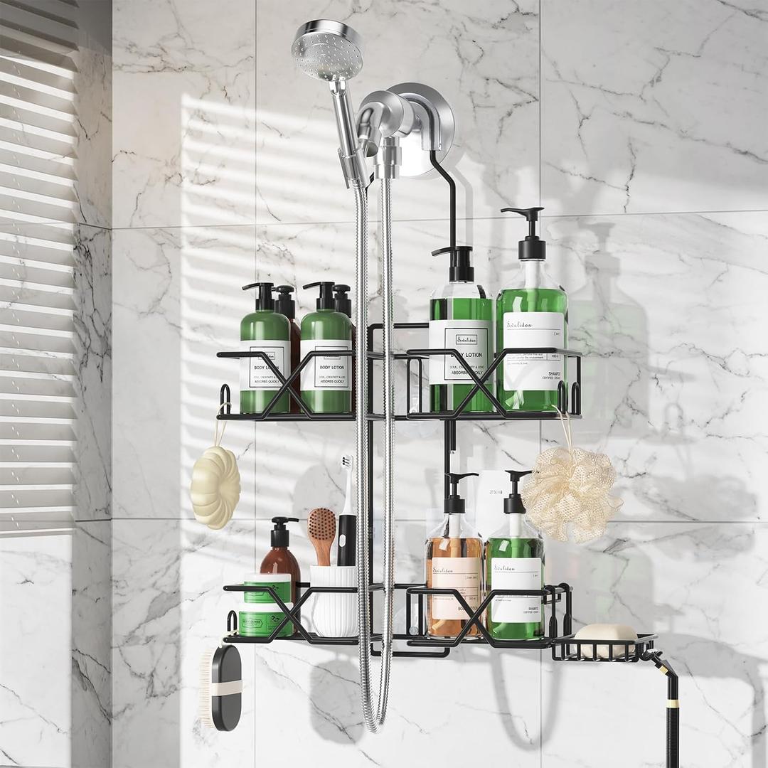 Sewulidon Stainless Steel Hanging Shower Caddy for Handheld Shower Heads,Adjustable Height Extra Long Bathroom Shower Organizer Hanger Rack with Hooks,Soap Holder