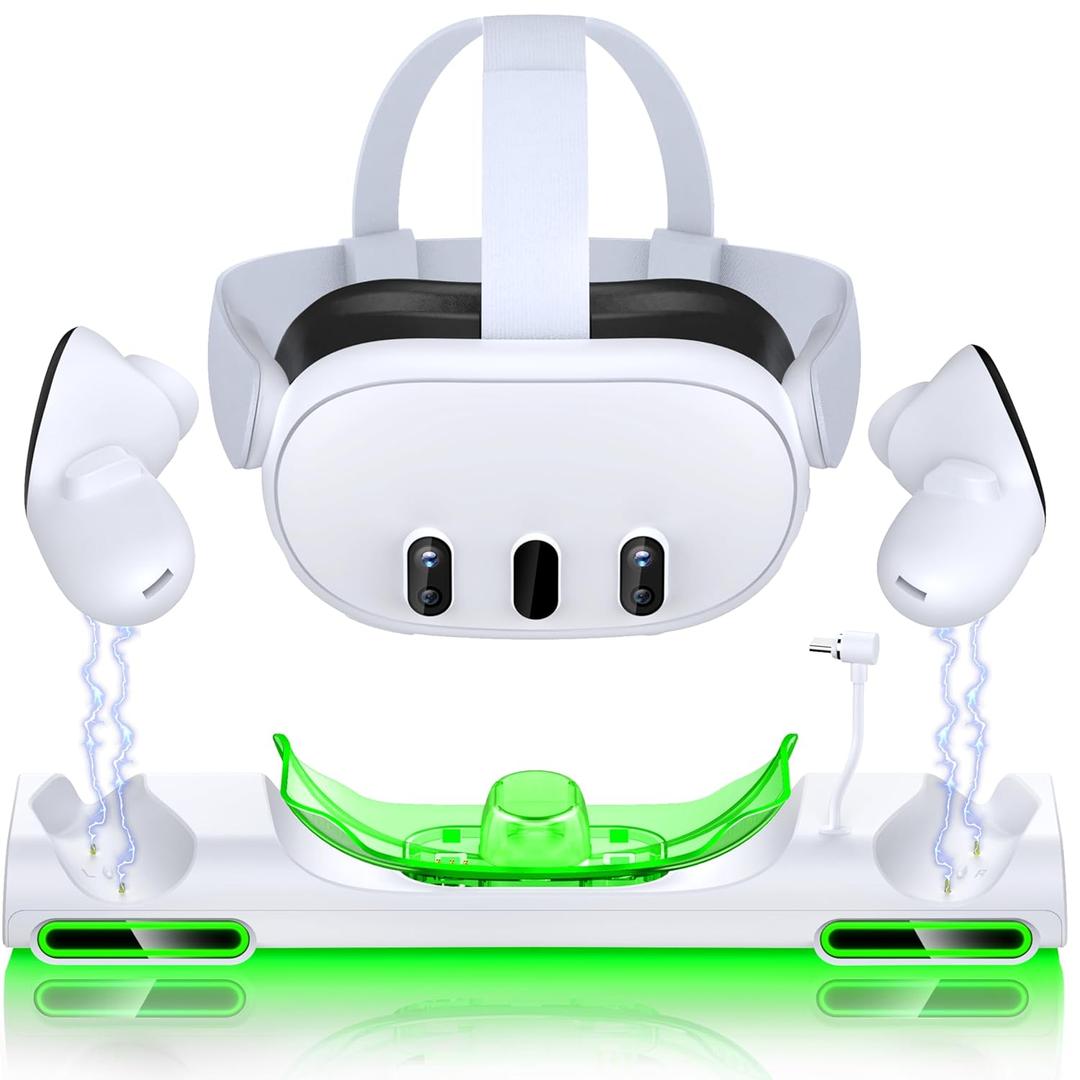 Charging Dock for Meta Quest 3 VR Headset/Controllers with Light, Magnetic Fast Charging Station for Meta Quest 3 Accessories with 2 Rechargeable Batteries and USB C Cable