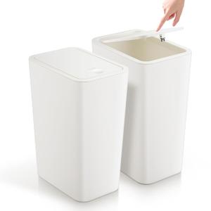 TIPGO Bathroom Trash Can with Lid, 4 Gallon / 15 Liter Small Garbage Can, Press Top Bin, Plastic Wastebasket with Pop-Up Lid for Bedroom, Living Room, Office (White, 2 Pack)