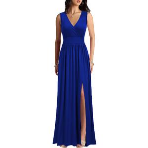 WOOSEA Women Sleeveless Deep V Neck Split Loose Sexy Plain Long Maxi Casual Dress (Large, Royal Blue)