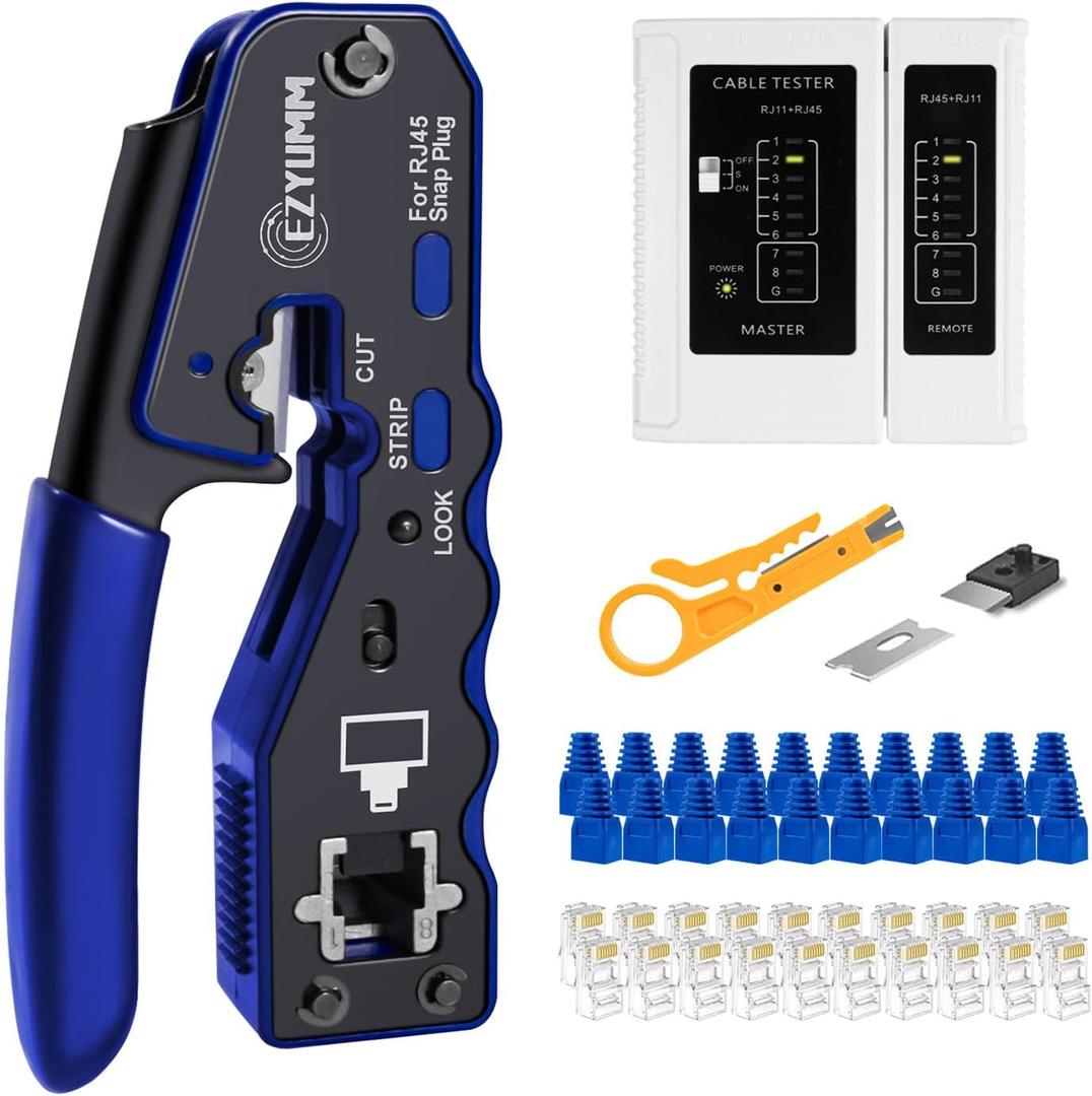 RJ45 Crimp Tool Kit, Pass Through Ethernet Crimper, Professional Ethernet Crimping Tool Kit, RJ45 Crimp Tool and Tester(9V Battery Not Included) All-In-One Kit for Cat5e Cat6 Cat6a 8P8C