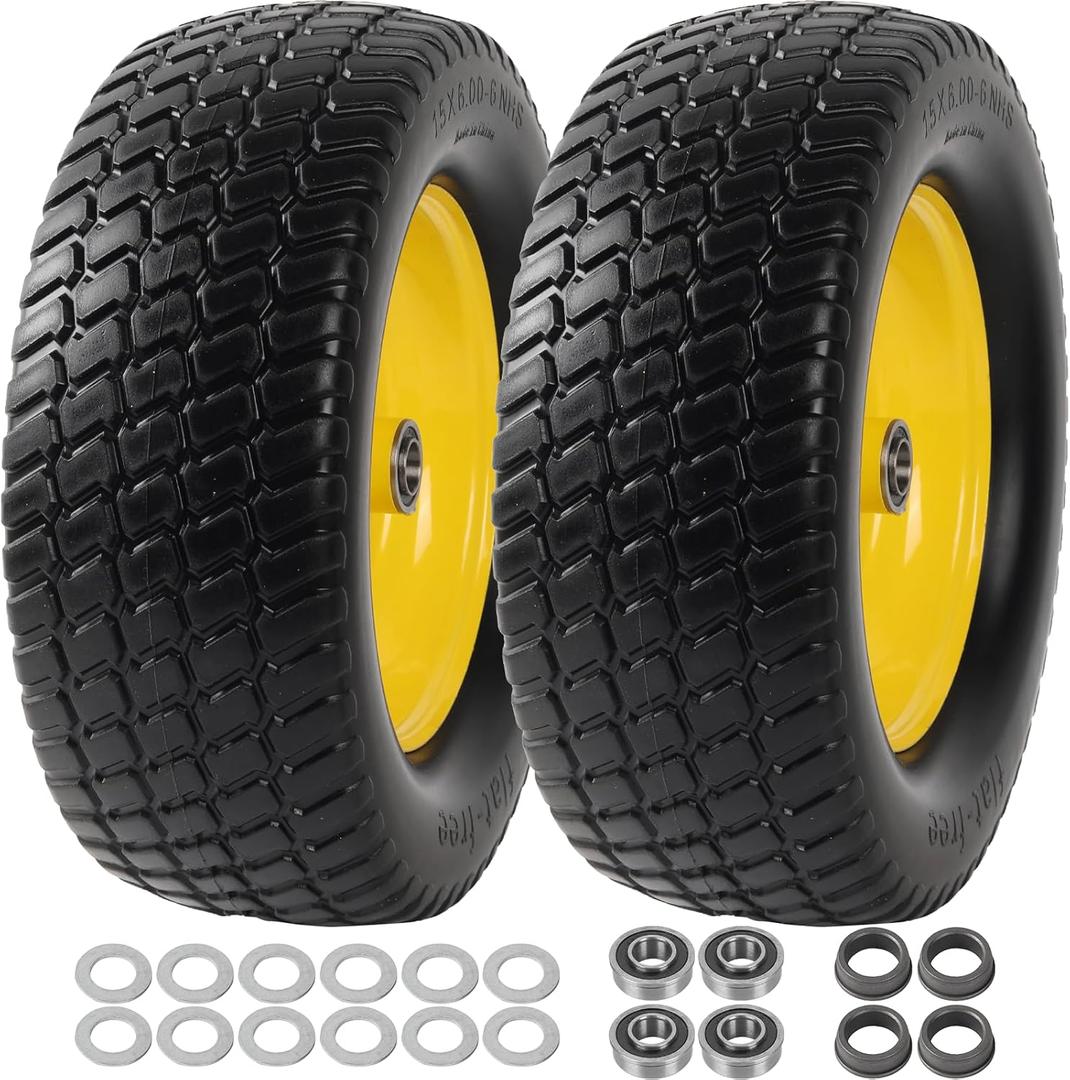 AR-PRO (2 Pack) 15 x 6.00-6 Tire and Wheel Flat Free, Front Lawn Mower Tires with Rim, 3" Centered Hub with 3/4" & 5/8" Bearings and 1" bushings, Compatible with John Deere Riding Mower, Lawn Tractor (Yellow)
