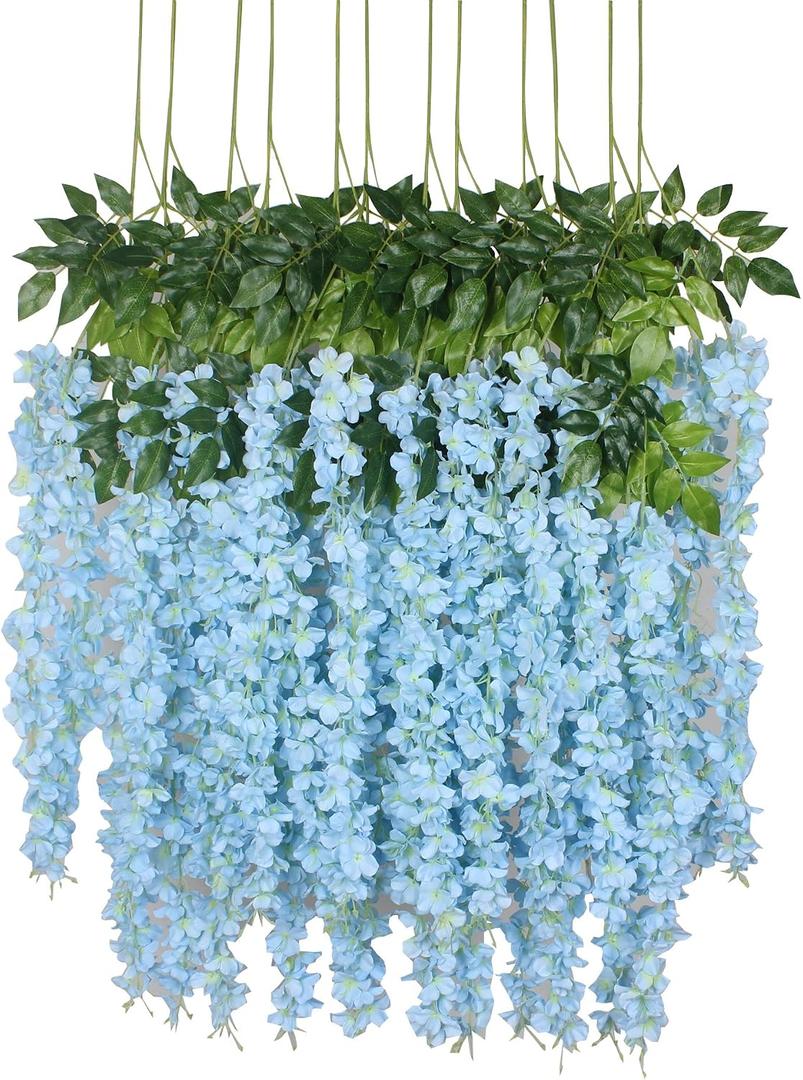 Duovlo 12 Piece Artificial Silk Wisteria Vine 3.6 Feet Hanging Flower Garland String Home Party Wedding Decor (Light Blue)