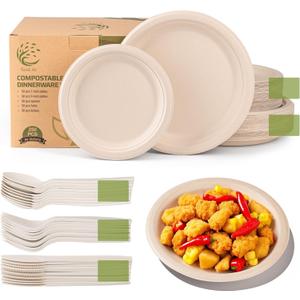 Compostable Paper Plates Set - 250PCS Disposable Heavy Duty Sugarcane Plate & Eco-Friendly Utensil Biodegradable Dinnerware Plates, Extra Long Forks, Knives & Spoons for Party (Brown)