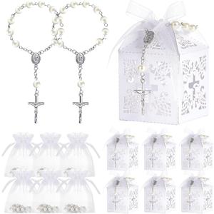 Bonuci 50 Packs Baptism Favors Set Acrylic Rosary Beads Faux Pearls with Organza Bags and Cross Baptism Favor Boxes Recuerdo De Boda Y Bautizo for Christening Weddings Party Favors(Silver,Pearl)