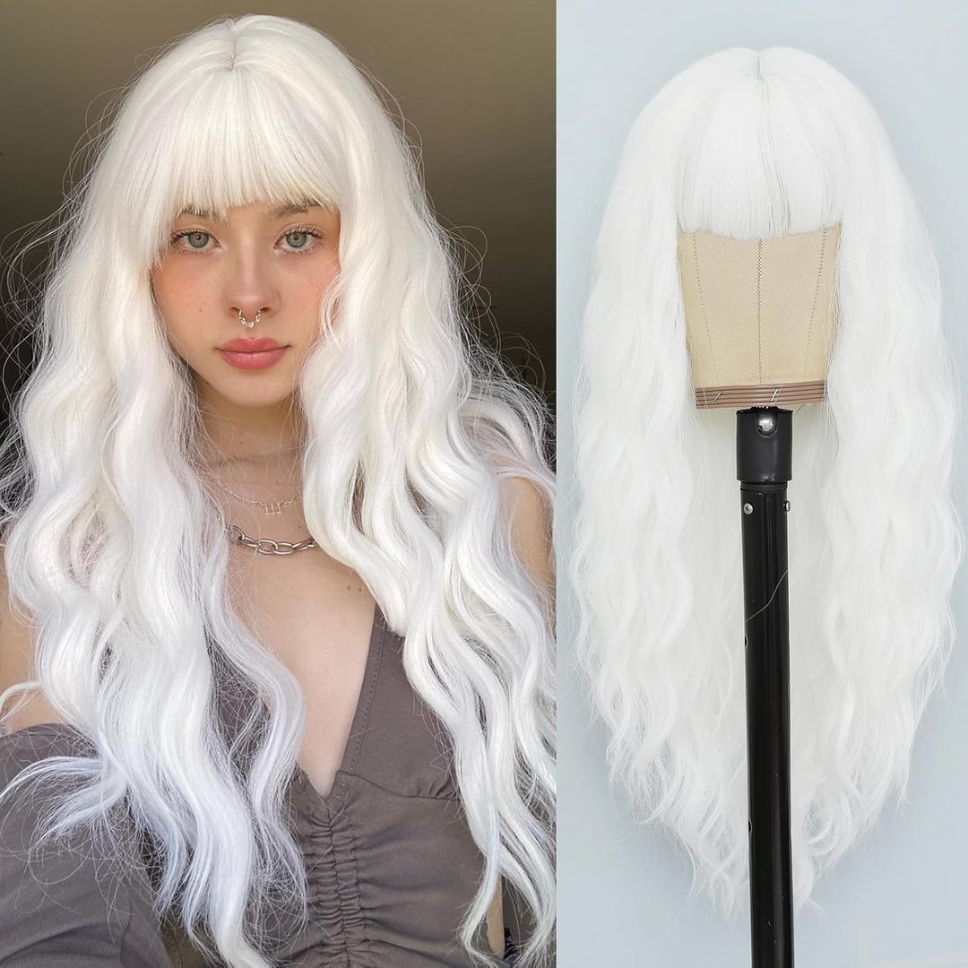 NAYOO Wig with Bangs Long White Natural Wavy Synthetic Wigs for Women 26 Inches Long Heat Resistant Fiber Wigs for Cosplay Party Use/Halloween UseWhite