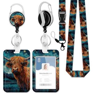 Badge Holder with Lanyard,Highland Cow Lanyards for ID Badges, Badge Holder with Breakaway Lanyard Keychain, Card Protector for Women, Gifts for Teacher Nurse Workers (onesize)