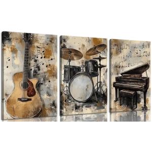 3pcs Vintage Musical Instruments Wall Art Piano Guitar Drums Jazz Posters Artwork Musical Theme Painting Pictures Wall Decor for Studio Gallery Home Decoration 16x24in Framed