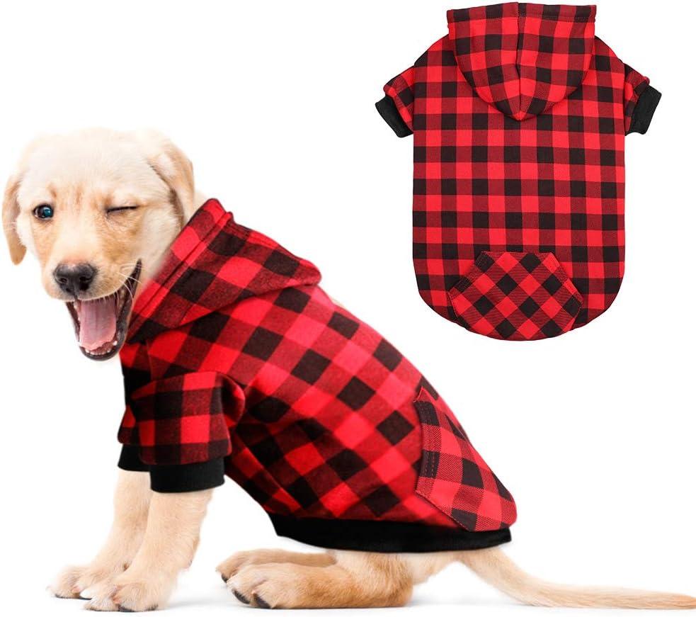 Red Plaid Dog Hoodie Sweater for Dogs Pet Clothes with Hat and Pocket S
