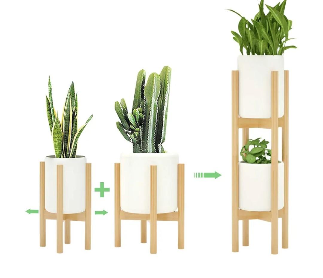 MUDEELA 2 Pack Indoor Plant Stands, 2 Tier Tall Plant Stand 30 inches, Mid Century Bamboo Plant Stand, Adjustable Width 8 - 12 inches, Fits Pot Size of 8 9 10 11 12 inches Pot & Plant Not Included, Natural