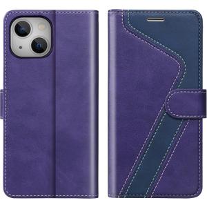 iPhone 14 Wallet Case,Leather Flip Case [RFID Blocking] Credit Card Holder Folio Magnetic Stand TPU Shockproof Cover Color Matching for iPhone 14 (6.1") Purple Blue