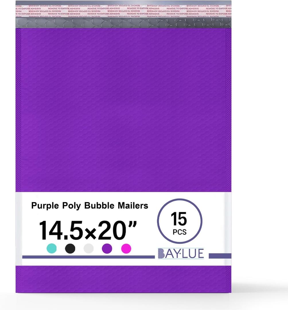 Purple Poly Bubble Mailers 14.50x20 Inch #7 | Self Seal Large Padded Envelopes | Air Cushioned Bubble Mailer | Usable Size 14.25x19 Inch | Waterproof Lightweight Mailing Shipping Bags | 15 Pack