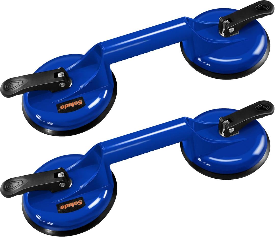 SOLUDE 2 Pack Heavy Duty Vacuum Handle Suction Cups - Aluminium Glass Holder for Lifting Large Windows/Tiles/Mirrors/Granite/Floor Gap Fixer & Windshield Removal Tool, Blue