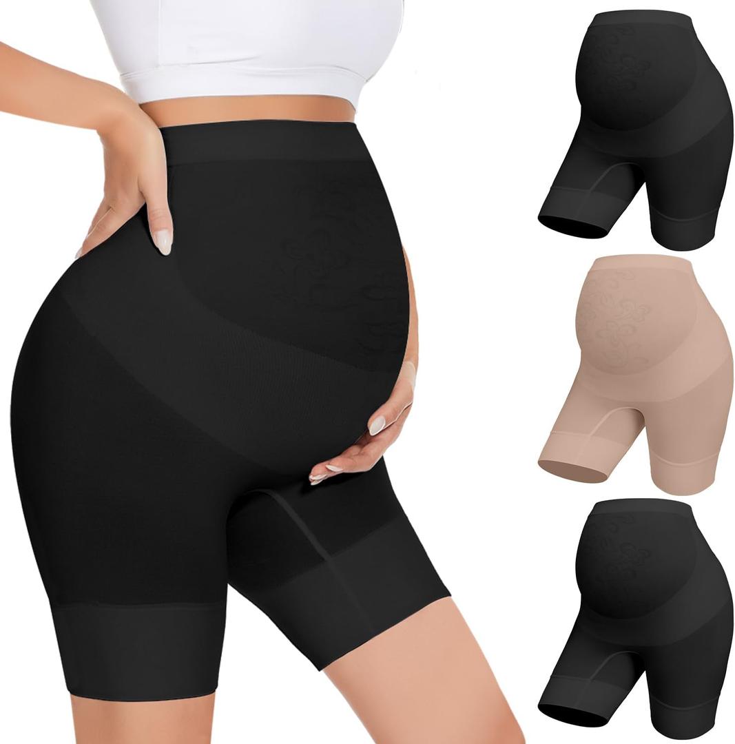Maternity Underwear Over Bump, Womens High Waist Mid-Thigh Pregnancy Shapewear Seamless Boyshorts Panties for Under Dresses (X-Large, 2pack Black+nude)