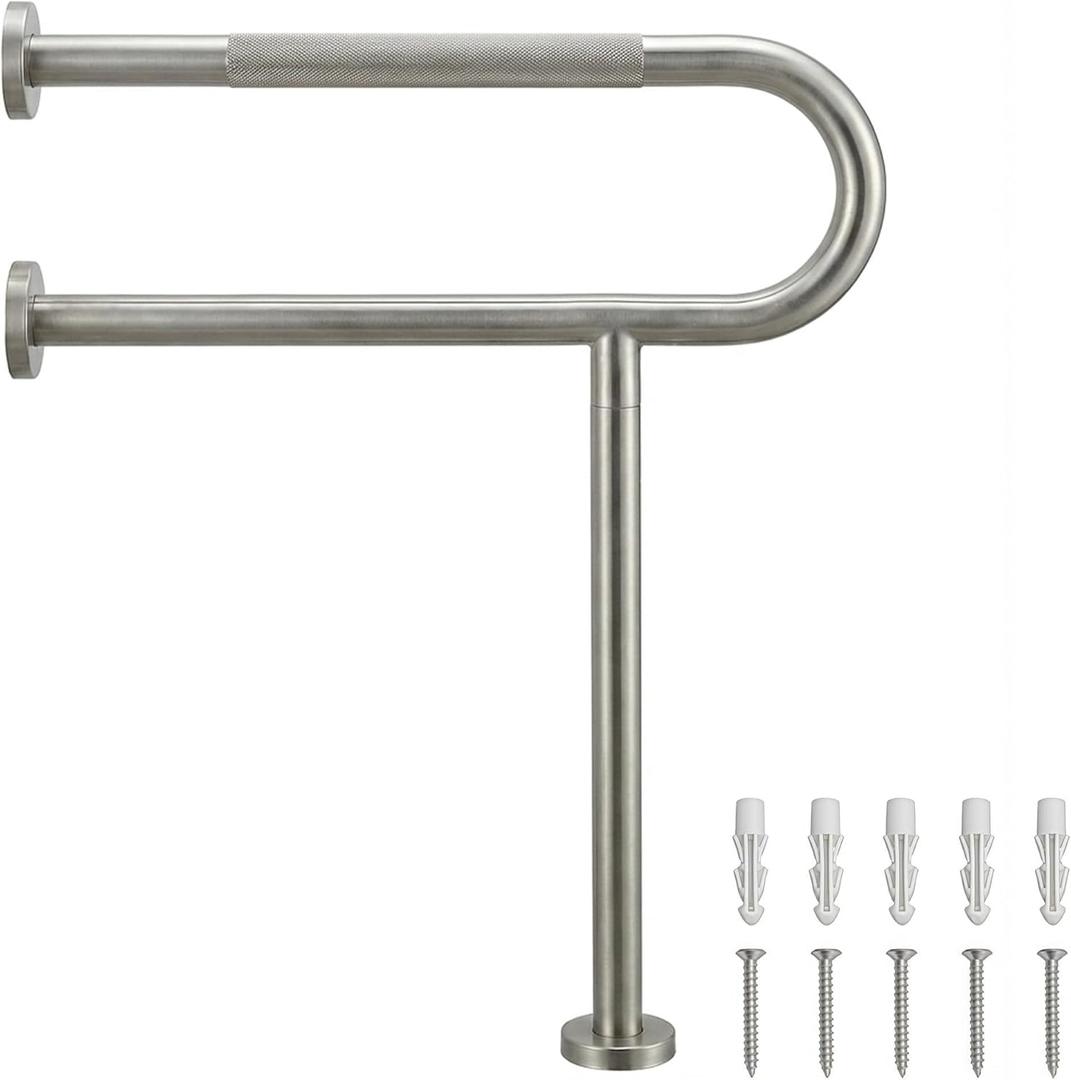 26 Inch Toilet Grab Bar with Leg for Bathroom, Wall & Floor Mounted Stainless Steel Handicap Grab Bar, Brushed Nickel Anti-Slip Knurled Grip, Safety Rail for Elderly, Disabled and Pregnant