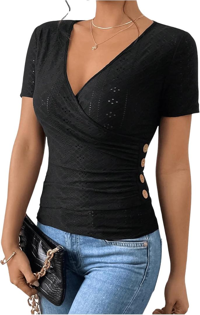 SweatyRocks Women's Short Sleeve V Neck Wrap Top Eyelet Embroidery Ruched Button Side Slim Fit T Shirt Black S
