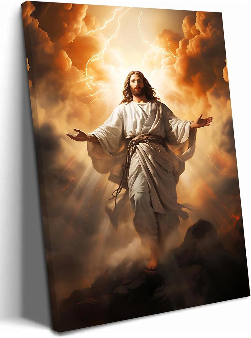 BingruiArt Jesus Canvas Wall Art Christian Wall Decor Jesus Christ Portrait Catholic Picture God Painting Print Divine Mercy Poster for Prayer Room Living Room Bedroom Church Office Ready to Hang 12x16in Framed (Salvation)