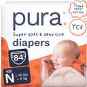 Pura Newborn Baby Diapers Size N (Up to 10 lbs), 3 Pack (84 Hypoallergenic Diapers) Totally Chlorine Free (TCF), Disposable Diapers for Sensitive Skin, Blowout Protection & Wetness Indicator