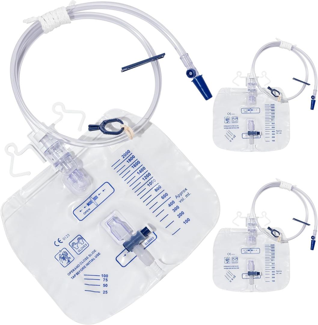 2000mL Catheter Bags for Men and Women 3 Pack Professional Urinary Drainage Bags with Enhanced Anti-Reflux Drip Chamber, 48 Thickened Drainage Tube, Adjustable Clips & Hanging Hook