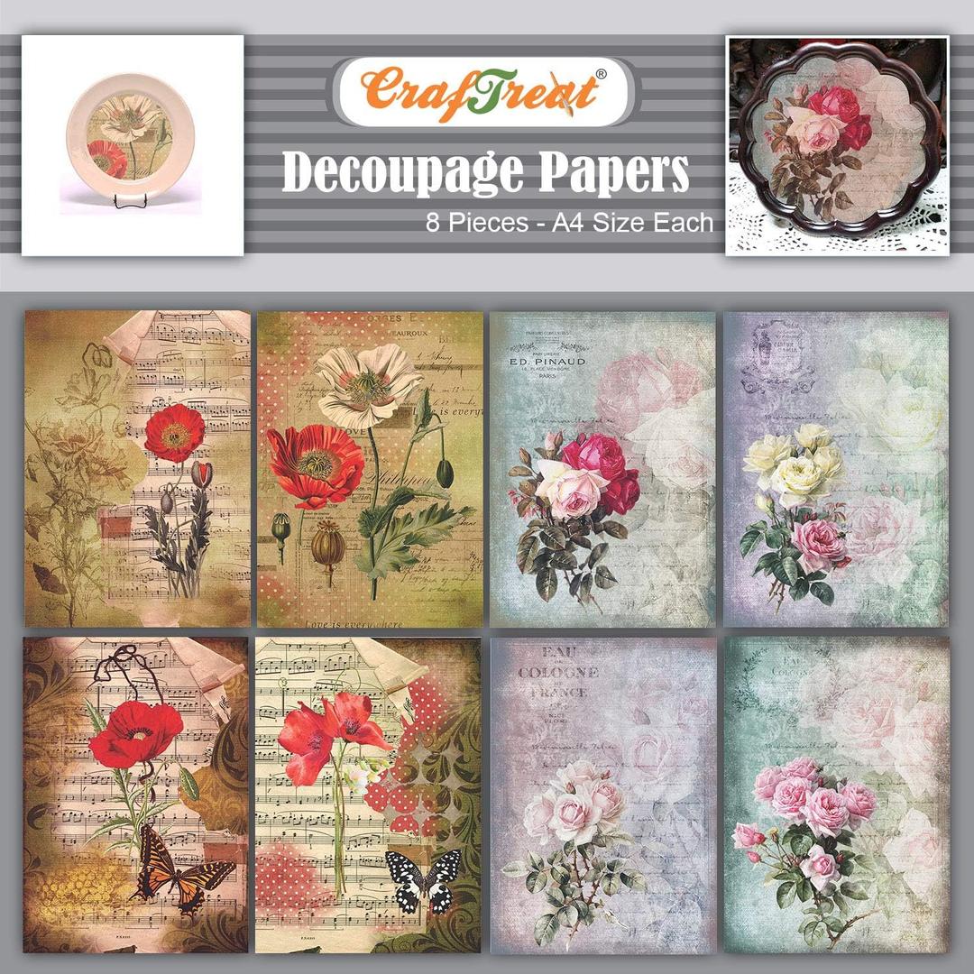 5 x CrafTreat Rose Decoupage Paper for Crafts and Furniture - Poppies and Roses - Size: A4 (8.3 x 11.7 Inch) 8 Pcs - Furniture Decoupage Paper Poppies - Floral Decoupage Paper for Furniture