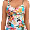 Yonique Women's Tankini Top Swimwear Twist V Neck Swimsuits Tummy Control Bathing Suits Top Only (Large, Colorful Floral)