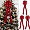 Red Velvet Christmas Tree Bows - Set of 3 Large 12x33 Inch Vintage Holiday Bows for Xmas Tree Decorations, Gift Wrapping, Garland, Party Decor for Indoor Outdoor Dilicoming