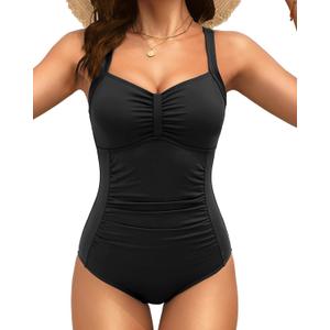 Tempt Me Women Ruched Slimming One Piece Swimsuits Tummy Control Vintage Bathing Suits (Large, Black)