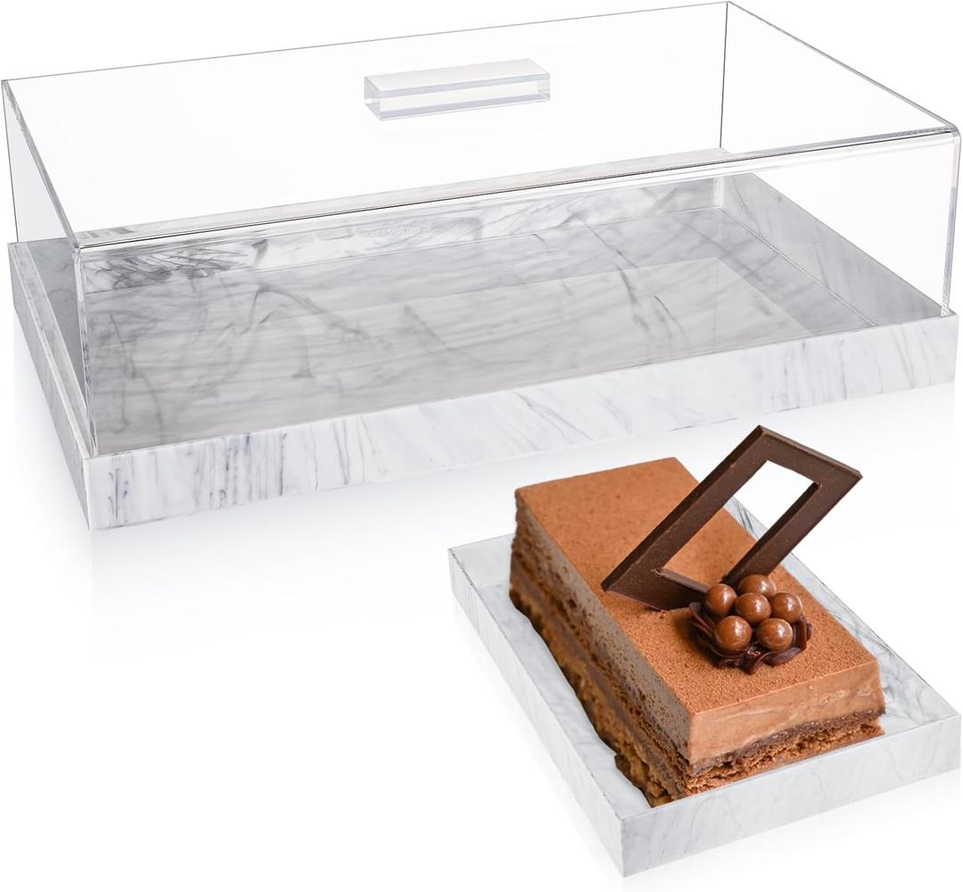Dandat Rectangle Cake Stand with Lid Acrylic Dessert Display Case with Marble Base Multifunctional Serving Tray for Pastry, Charcuterie, Kitchen, Easter Party, 14.5 x 9 x 4.5 Inches(Marble Color)