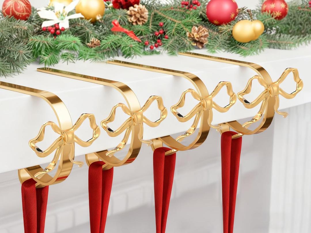 4 Pcs Christmas Bow Stocking Hangers Holder Mantle Metal Hooks Gold Christmas Stocking Clips Classic Shelf Garland Hangers for Counter Window Fireplace Xmas Party Decoration