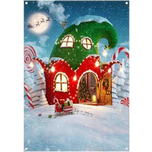 ZTHMOE 5x7ft Polyester Christmas Candy Canes House Photography Backdrop Winter Night Snowflake Background Xmas Pine Trees Cane Sugar Party Decorations Photo Banner Props with Four Holes Easy to Hang
