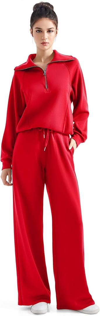 SUUKSESS Women 2 Piece Lounge Matching Set Wide Leg Sweatpant Half Zip Sweatshirt (Large, Red)
