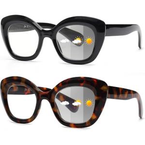 JM Cat-Eye Reading Glasses for Women, Blue Light Blocking Computer Readers with Spring Hinge (2 Pack Photochromic)