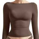 SUUKSESS Women Crew Neck Long Sleeve T Shirts Double Lined Tight Fitted Crop Top (Medium, Brown)