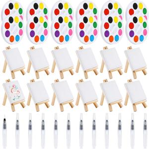 Watercolor Paint Sets 8 Colors Watercolor with 3 x 3 Inch Gift Painting Canvas Panel Mini Wooden Easel Set Stretched Canvas Display Easel Painting Brush Kit for Easter Party Gift(12 Sets)