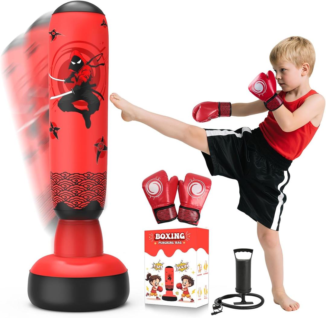 67 Inch Inflatable Punching Bag for Kids 3-12, Standing Boxing Set for Karate & Taekwondo Training, Stable Boxing Bag Active Toy for Boys & Girls, Perfect Christmas Birthday Gifts (Red)