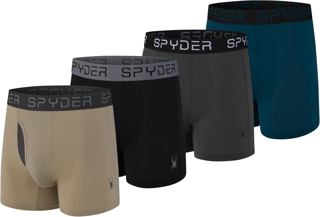 Spyder Mens Boxer Briefs Performance Nylon Mesh Sports Underwear With Fly Front (Large, Black/Carcoal/Ivory/Navy-teal)