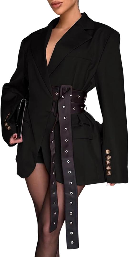 Symina Blazer Dress for Women Casual Long Sleeve Oversized Blazer Coats Fall Work Office Suit Jackets with Belts, M
