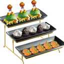 LYEOBOH 3 Tier Serving Tray Set, Tiered Serving Stand with Platters, Serving Dishes for Entertaining Halloween Christmas Party, Collapsible Sturdier Stand & 14 Inch Large Platters for Food Display (Black)