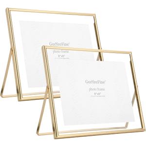 Gold 10x8" Floating Frame(Horizntal),2pack for Picture(7x5'',8x6'',9x7''),Rounded Edge Metal Frames Adjustable Tabletop/Shelf Photo Frame,for Wedding,Christmas,Birthady,Home or Office Decor.