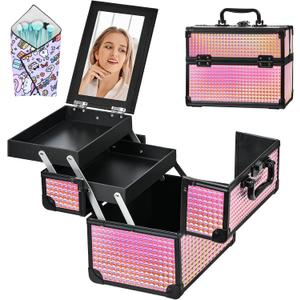 Makeup Case Organizer,Makeup Train Case, Trays Cosmetic Box Portable, Profesional for Salon Barber,Black Bright Pink