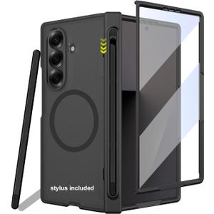 for Samsung Galaxy Z Fold 7 Case with Stylus, Built in Screen Protector, for Round Shape Magsafe Accessories, Slim Pen Holder on Hinge, Translucent Clear Back Magnetic Cover 5G 2025, Black