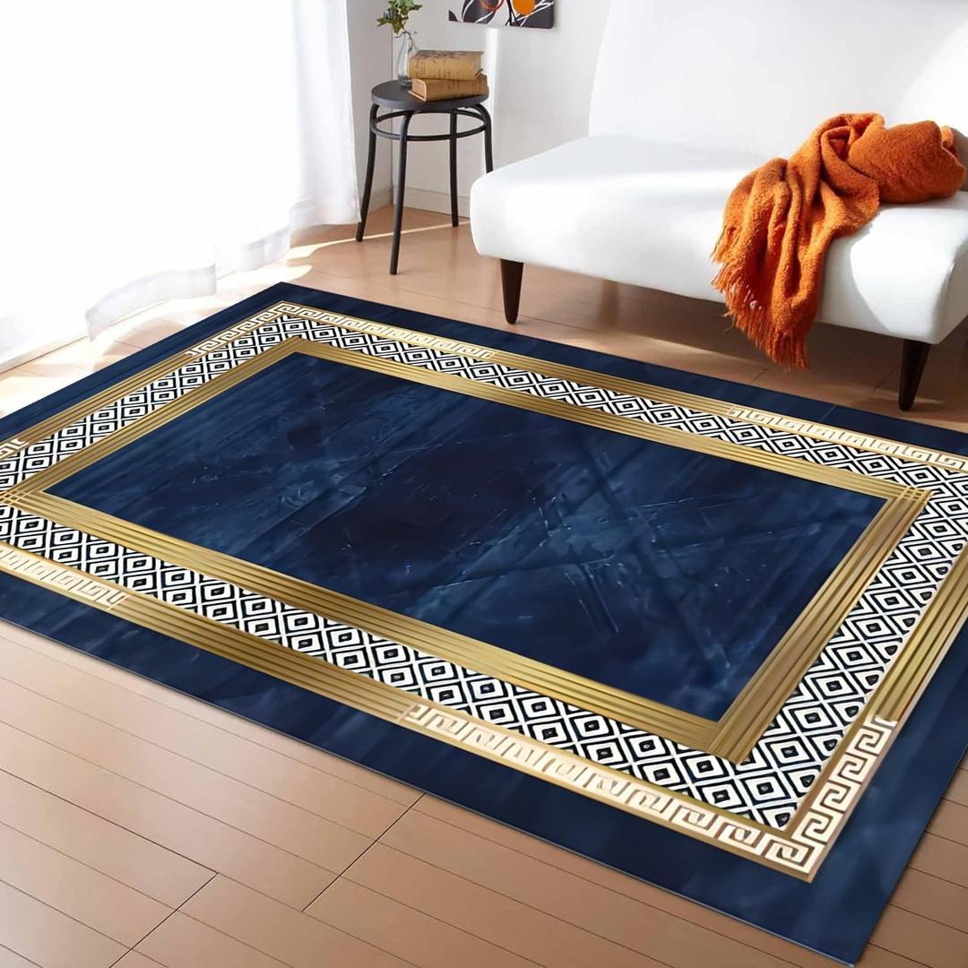 Premium Indoor Area Rug, 6x8ft, Contemporary Simple Geometric and Gold Border Design Navy Blue Rug, Non-Slip Non-Shedding, Comfortable and Casual