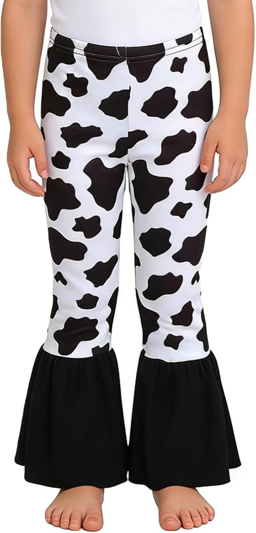 DACSOIT Toddler Girls Ruffle Leggings Cow Printed Flare Pants Bell Bottoms 3-4T