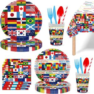 International Flags Soccer Party Decorations – 193 PCS Soccer Party Supplies for 24 Guests with Plates, Cups, Napkins, Cutlery & Tablecloth, 2026 Soccer Watch Party Decor