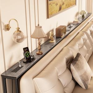 Huuger 141.7 Inch Sofa Table with Power Outlets and USB-C Ports, 5.9 Inch Narrow Entryway Table, Behind Couch Table with Storage, Extra-Long Console Table, Living Room, Grey