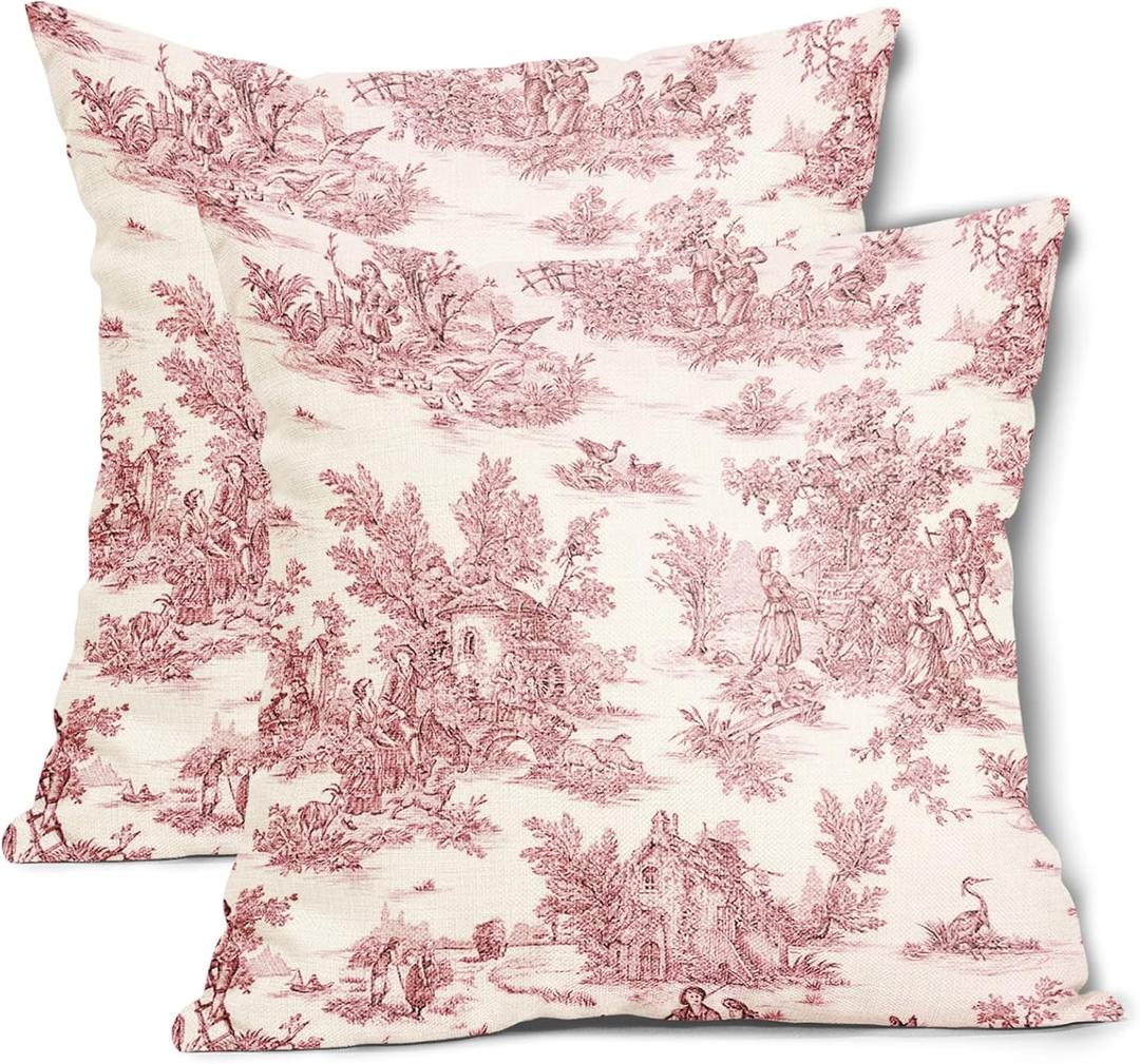 aportt French Country Pillow Covers Set of 2 22x22 Inch Vintage Toile Pink Beige Cotton Linen Polyester Decorative Throw Pillow Case Cushion Cover for Bedroom Sofa Living Room Couch Chair Office