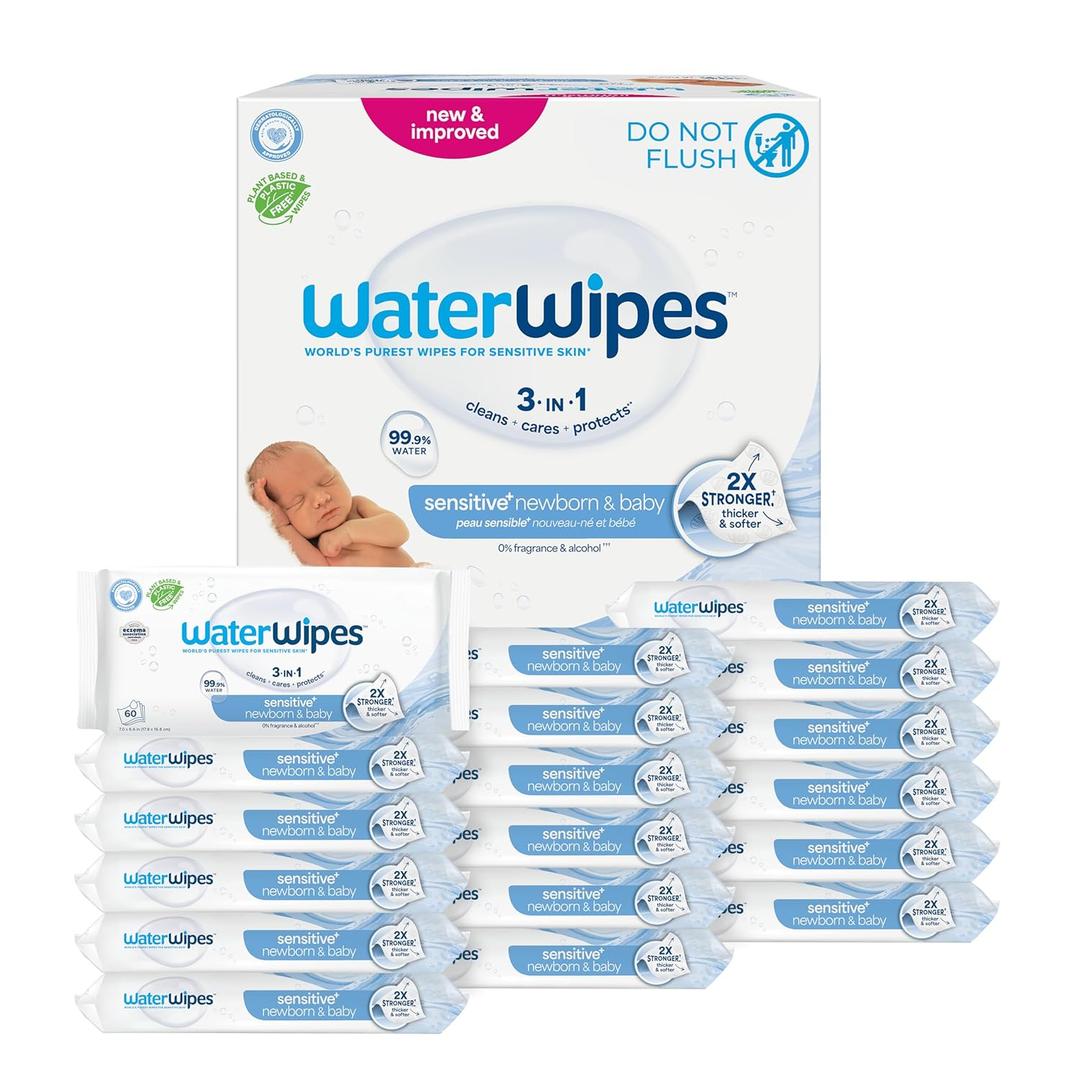 WaterWipes Sensitive+ Newborn & Baby Wipes, 3-In-1 Cleans, Cares, Protects, 99.9% Water, Unscented & Hypoallergenic, 1080 Count (18 Packs)