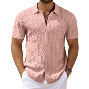 COOFANDY Men's Knit Short Sleeve Shirts Button Down Summer Polo Shirt (Pink, L)